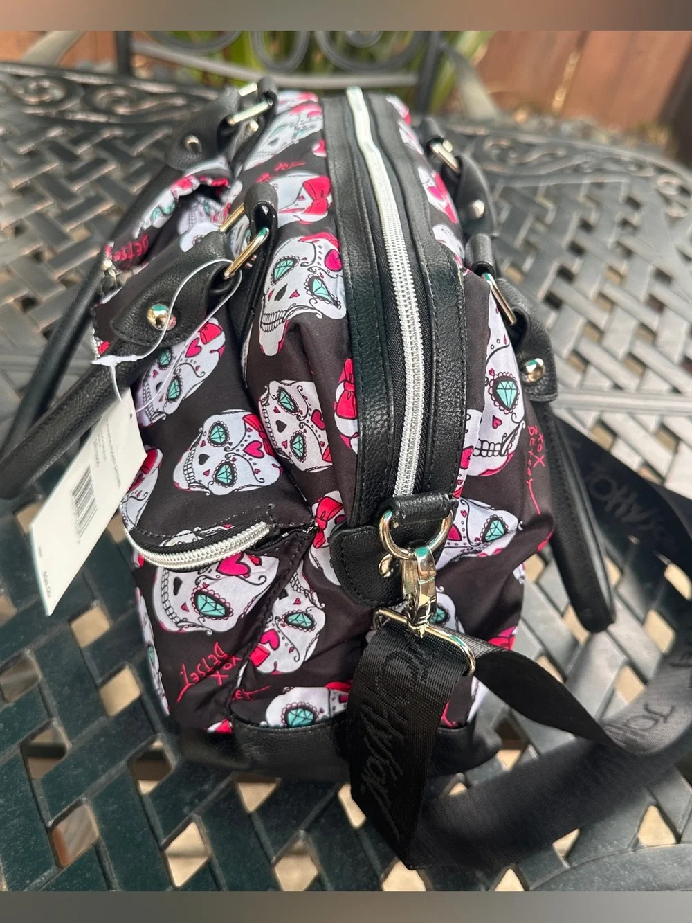 NWT Betsey Johnson Sugar Skulls Horizon Pocket Satchel Crossbody Shoulder Bag